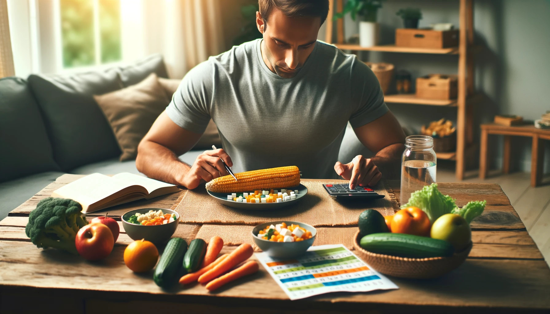 An individual at home, having a meal consisting of corn and other healthy foods, showcasing a commitment to a balanced diet.
