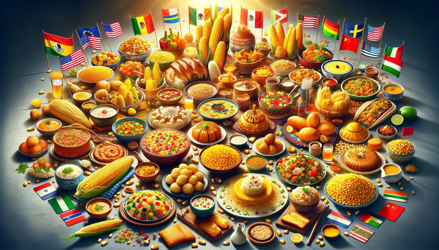A festive image showing corn being celebrated in various cultural dishes around the world, emphasizing its global appeal.