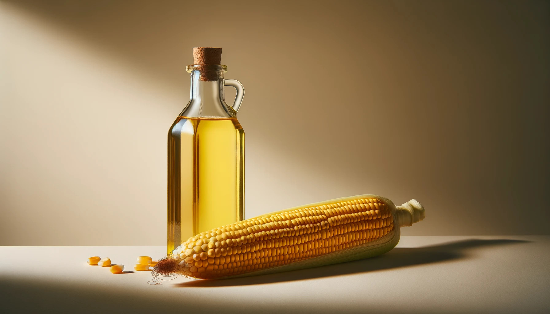 A minimalist photo of corn oil and whole corn side by side, illustrating good fats in corn products.