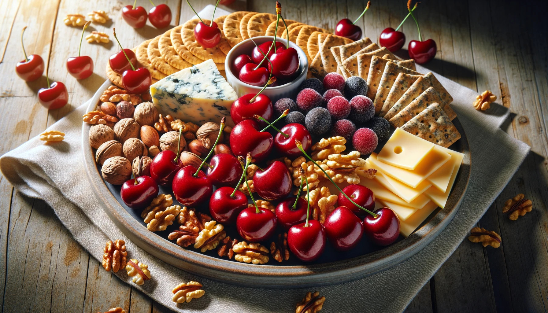 healthy snack platter with cherries, nuts, cheese, and whole-grain crackers