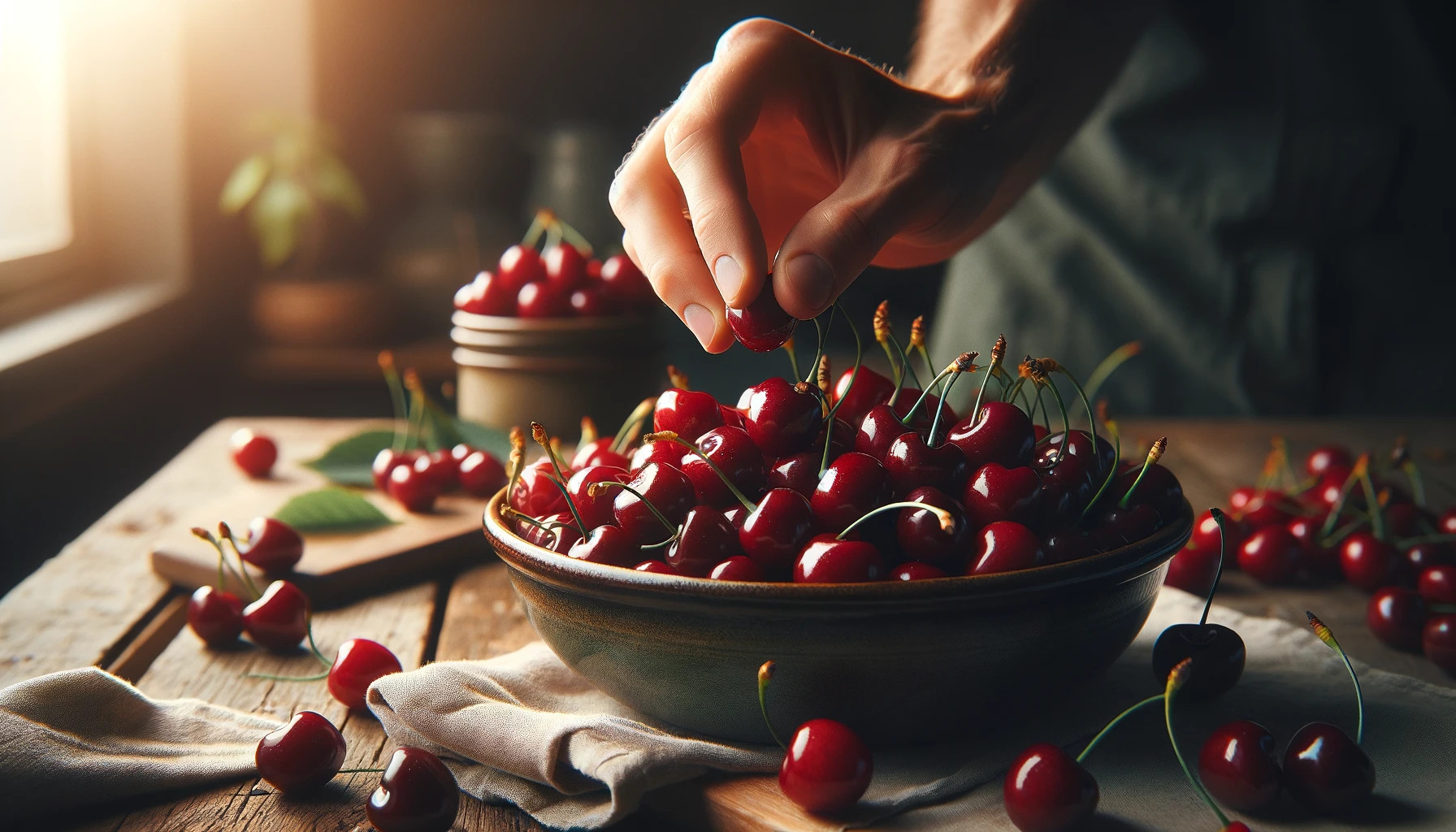 Hand-picking ripe cherries from a ceramic bowl