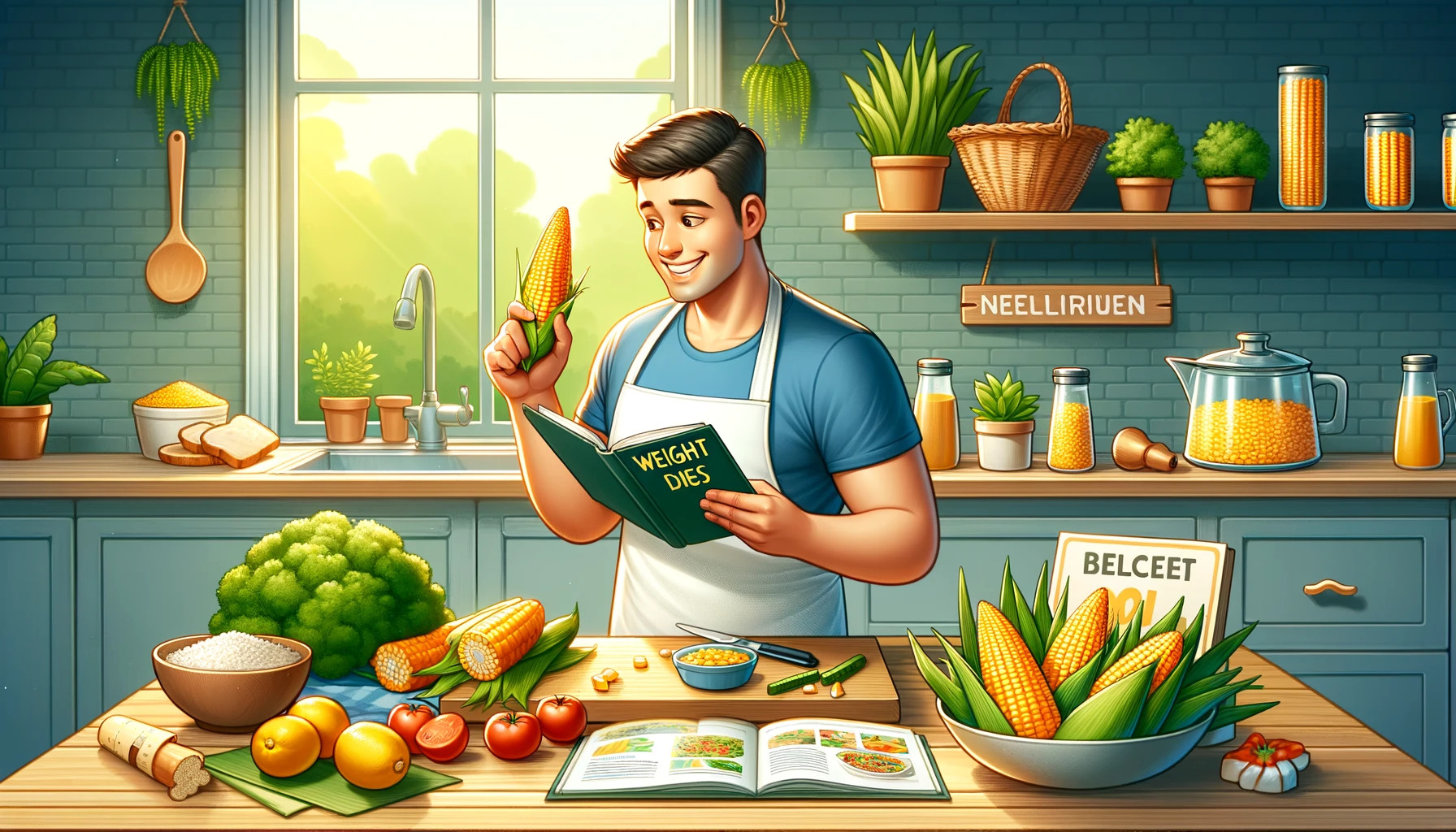 A person happily selecting corn as part of their balanced diet for weight loss, preparing a meal with healthy ingredients.