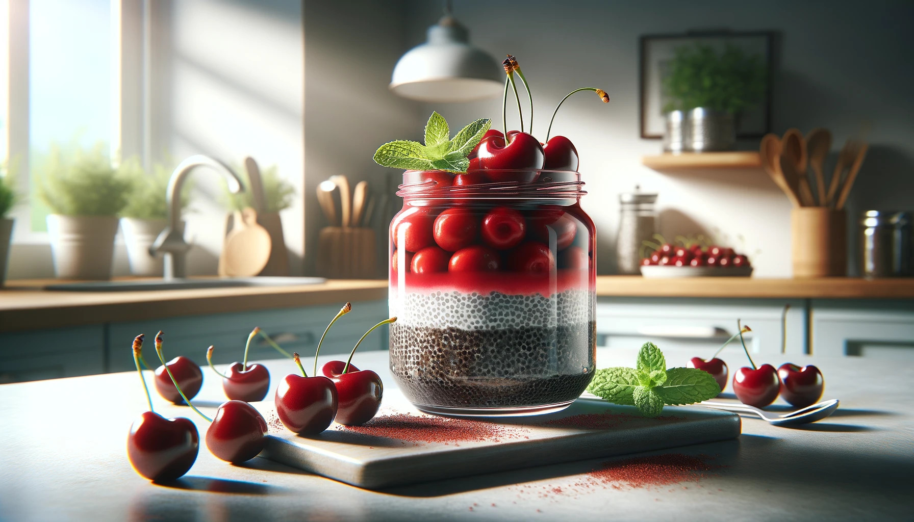 Cherry & Chia Seed Pudding in Glass Jars