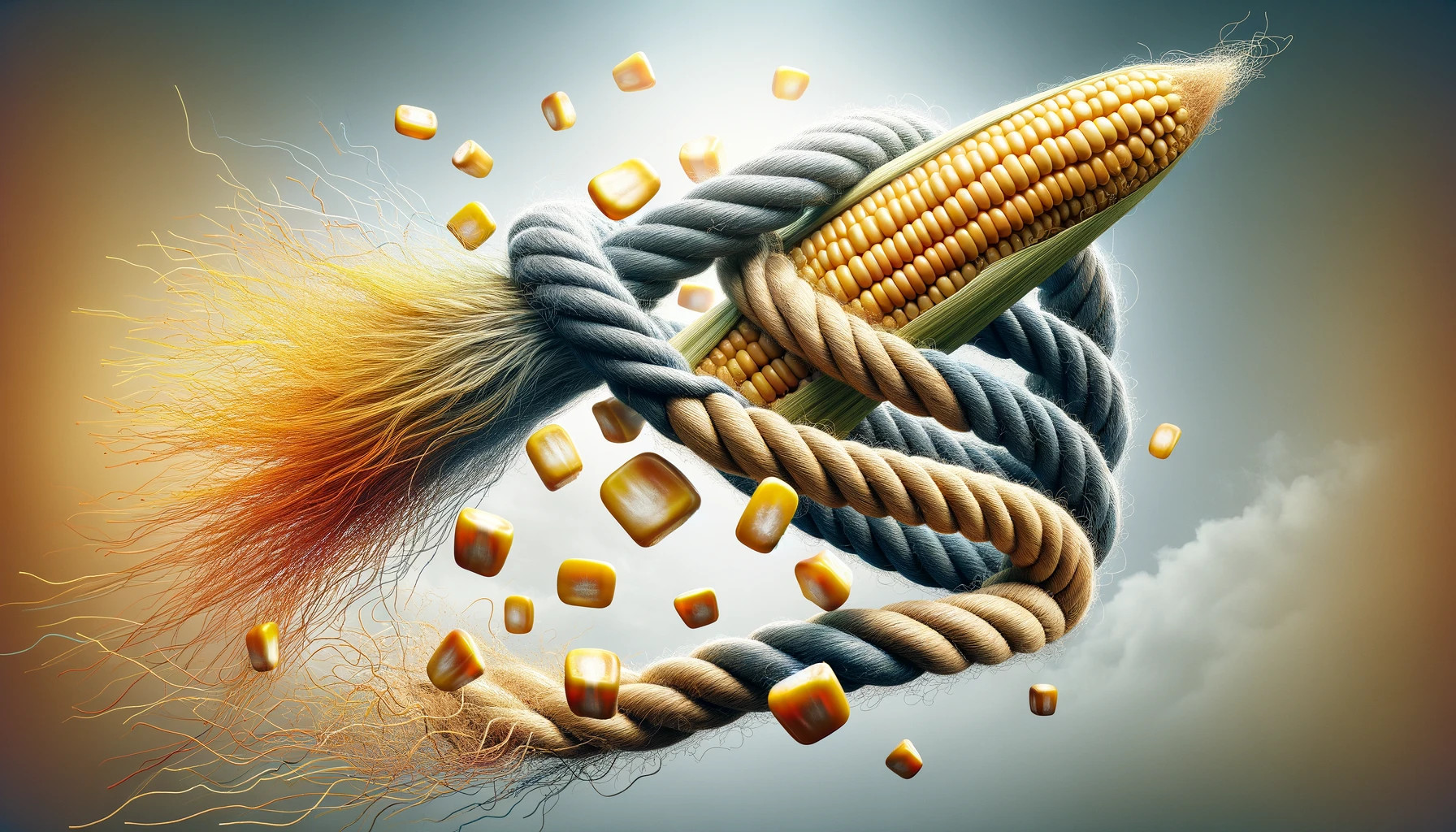 A creative depiction of the fiber content in corn, possibly using visual metaphors like a rope or thread to symbolize strength and connectivity in digestion.