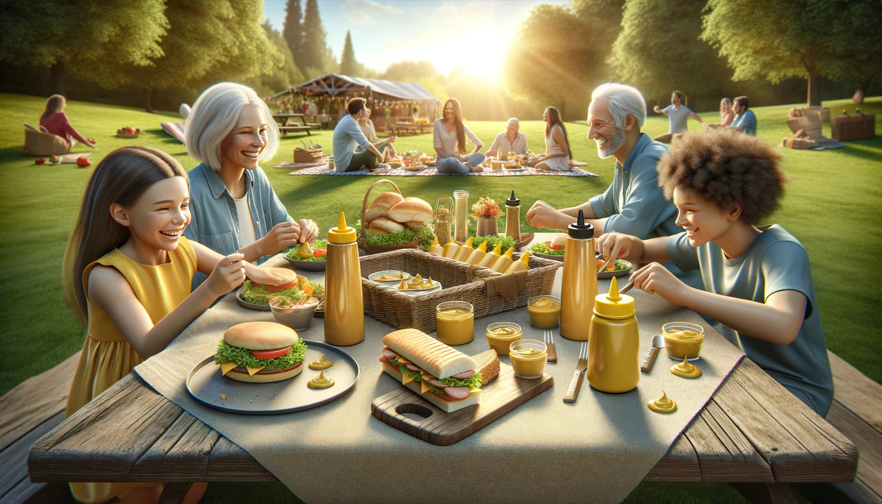 a family enjoying a picnic outdoors, with various dishes featuring mustard.
