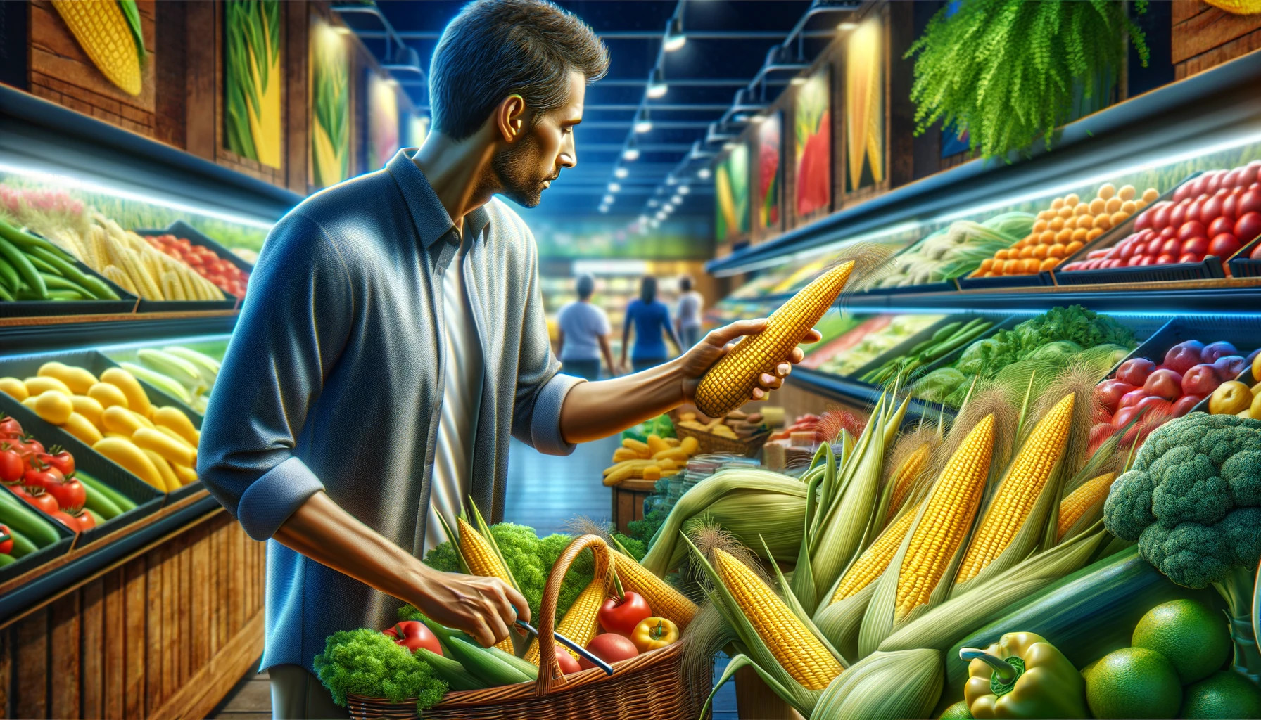 Picking out corn from grocery store