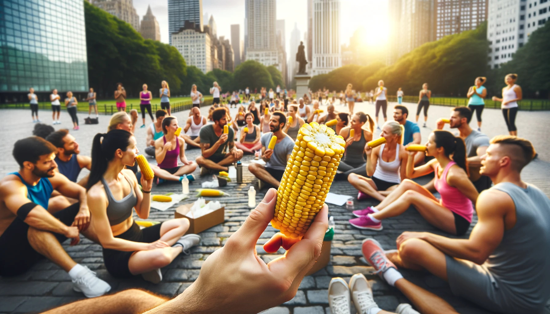 A group fitness class in an urban park enjoying a post-workout snack of corn on the cob, showing community and healthy living.