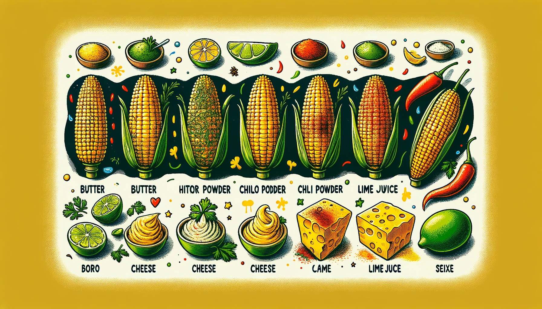 An illustrated guide showing various healthy toppings for corn on the cob.