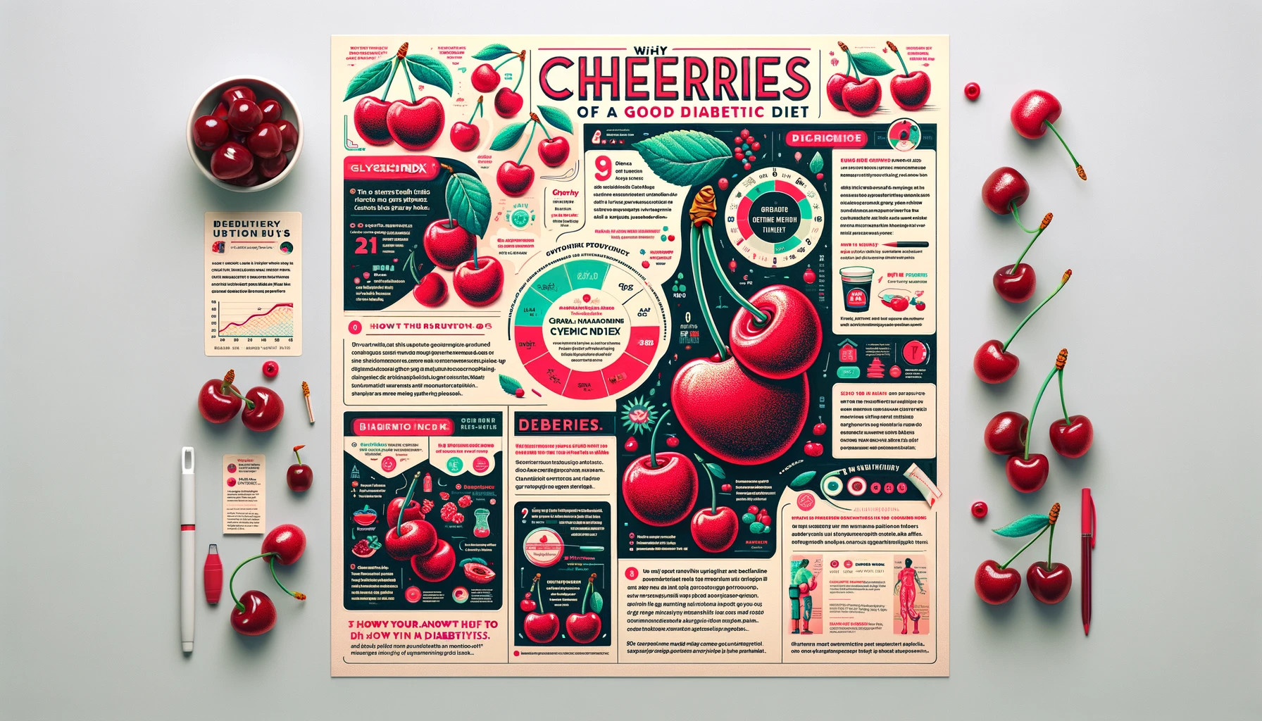 educational infographic detailing the nutritional profile of cherries, their glycemic index, and tips for a diabetic diet
