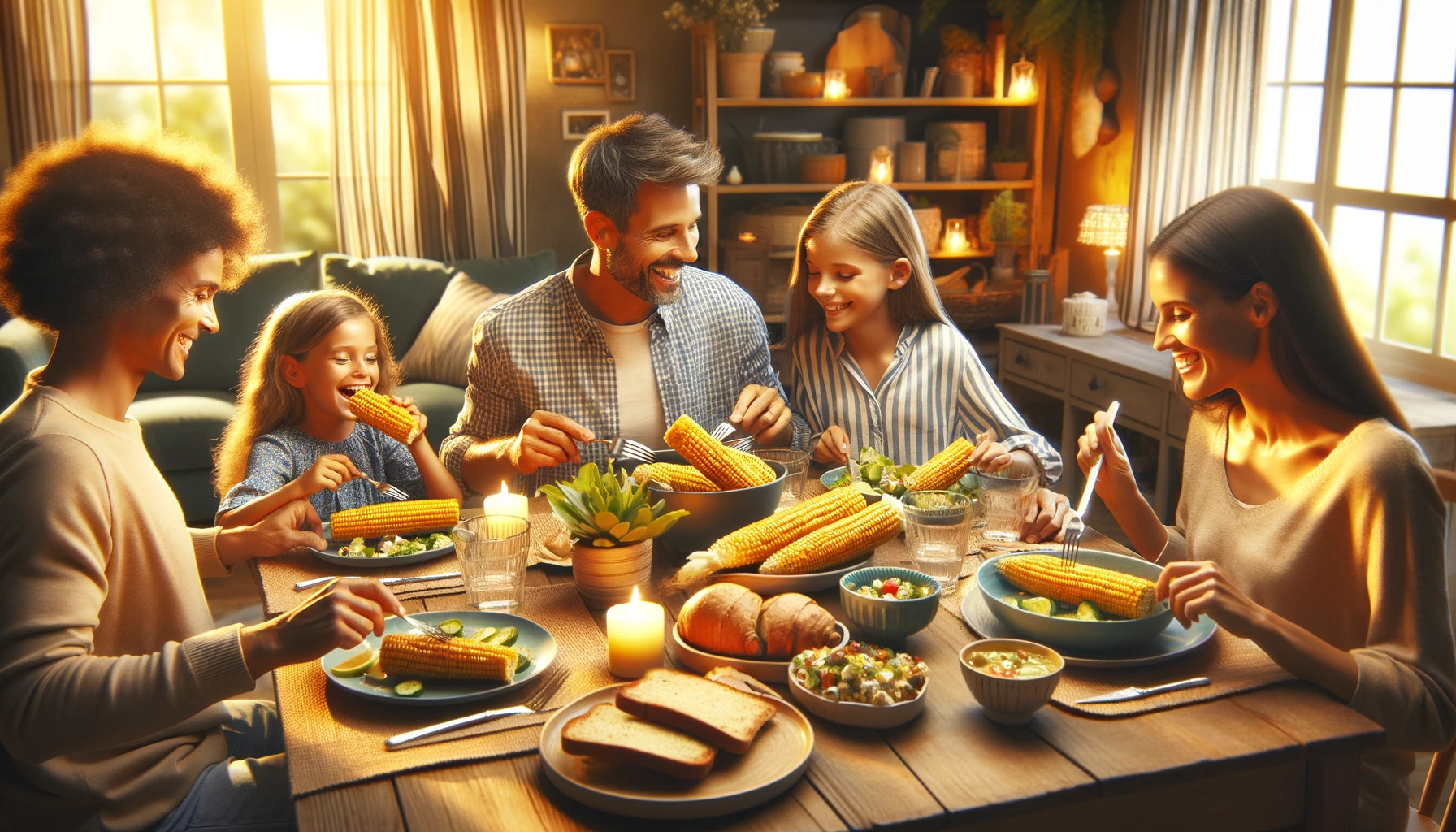 A warm, inviting image of a family enjoying a meal together, where dishes featuring corn are prominently displayed on the table.