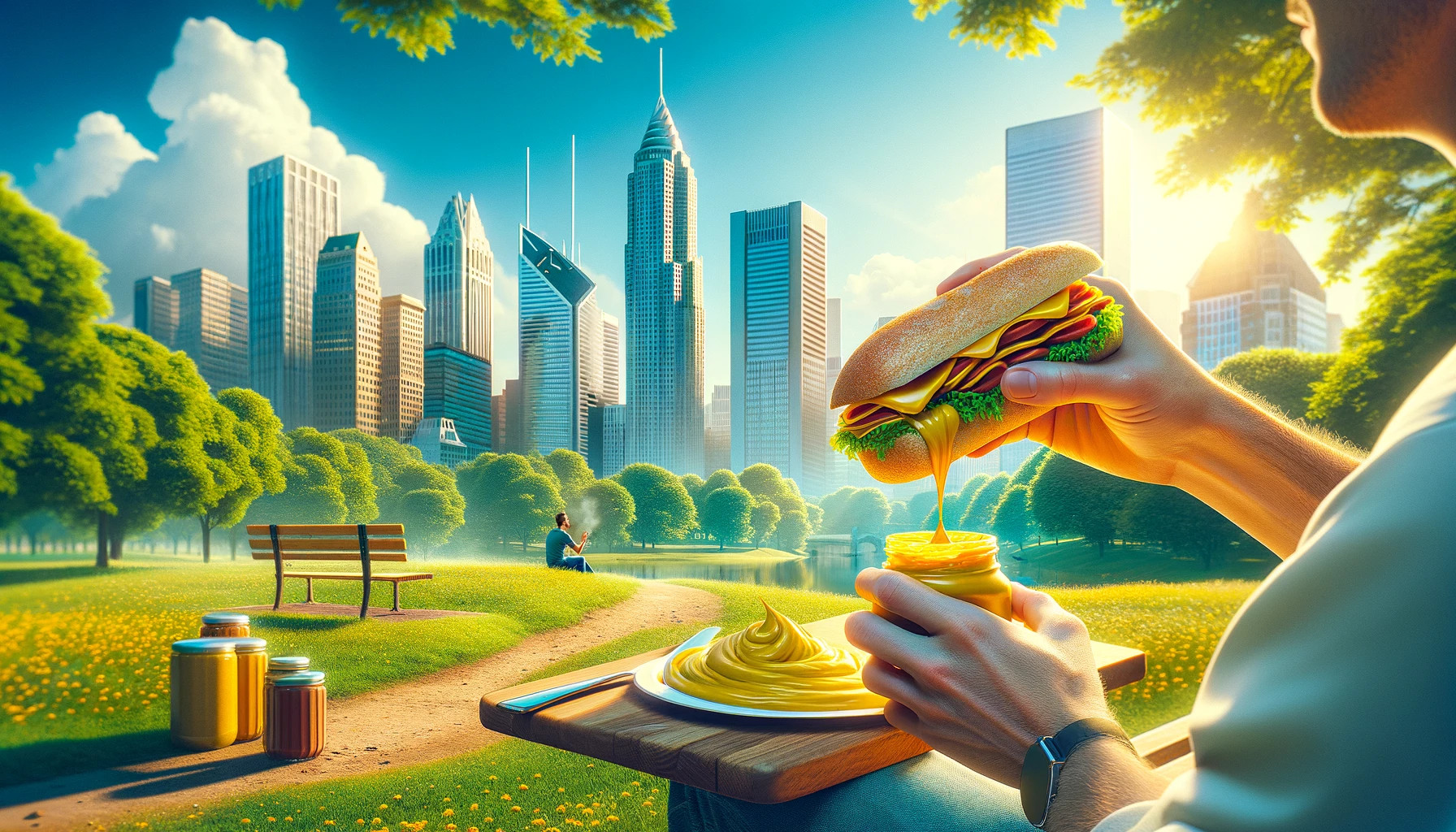 An individual enjoying a gourmet sandwich with mustard in a vibrant city park, emphasizing the pleasure of simple, flavorful meals enjoyed outdoors