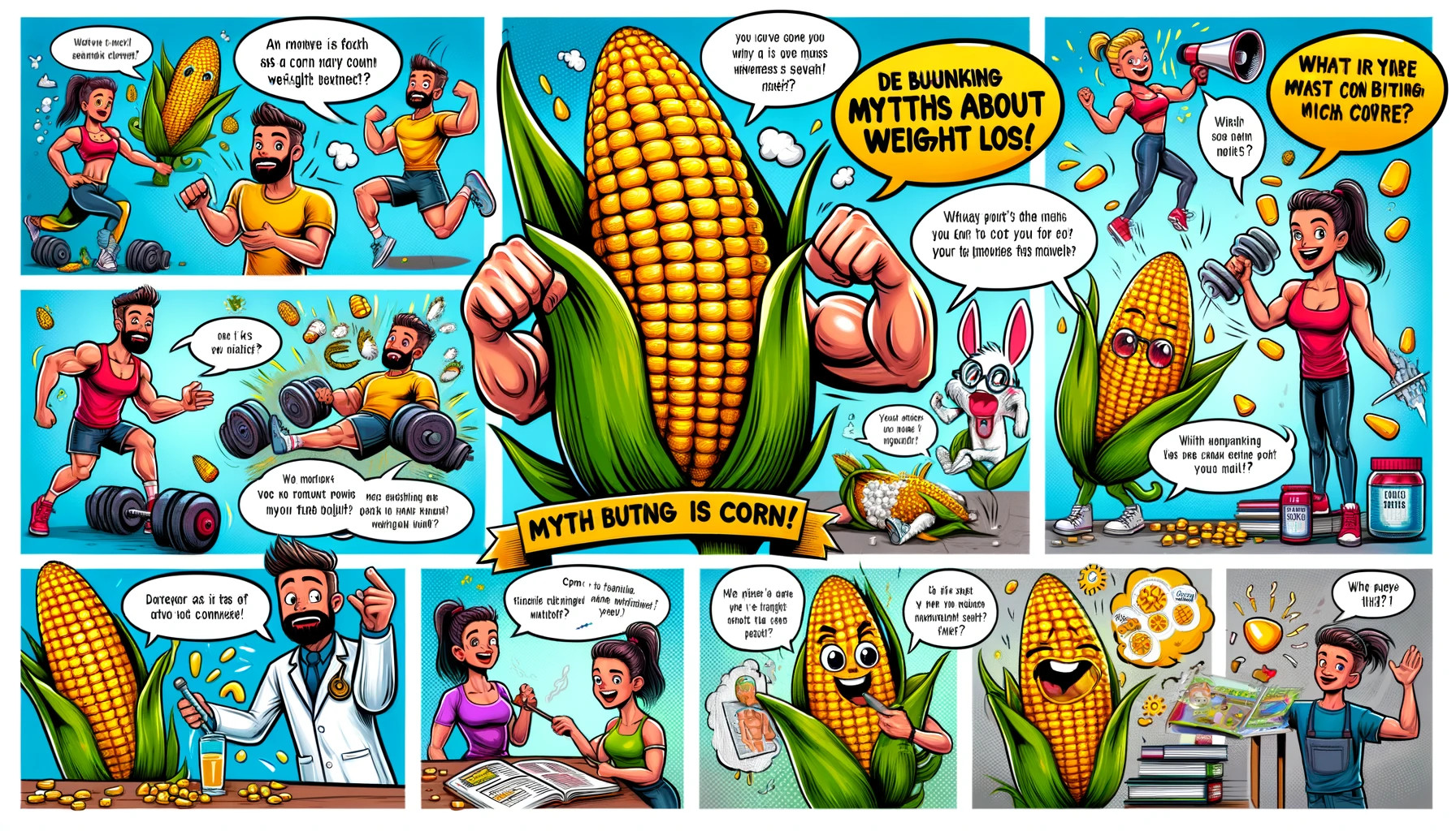 An educational comic strip debunking myths about corn and weight loss with animated characters.