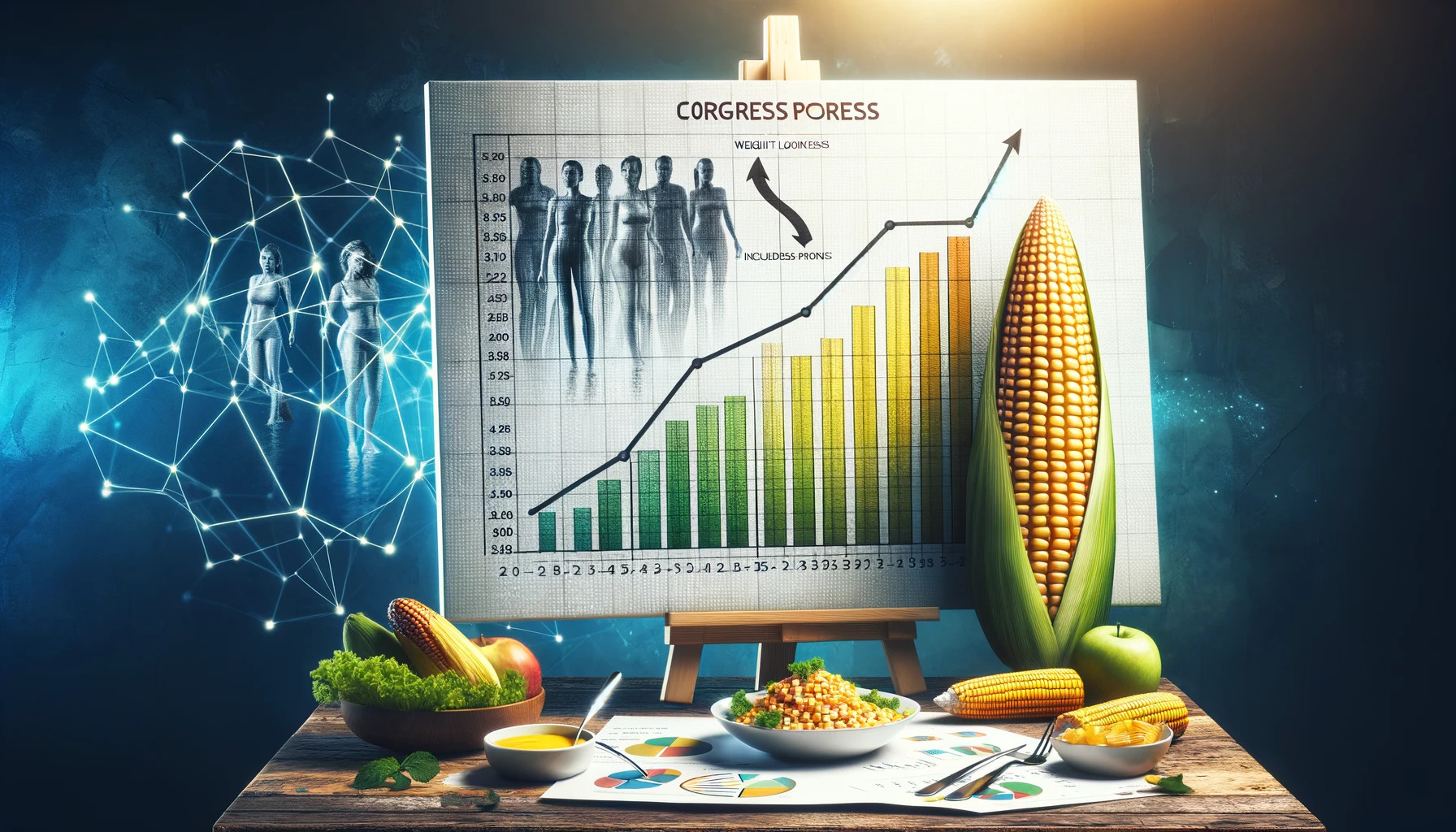 A photo showcasing a weight loss progress chart with corn as a key dietary component, alongside a healthy meal plan.