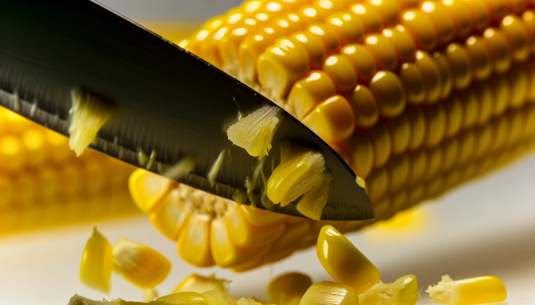 Close up shot of slicing Corn off cob