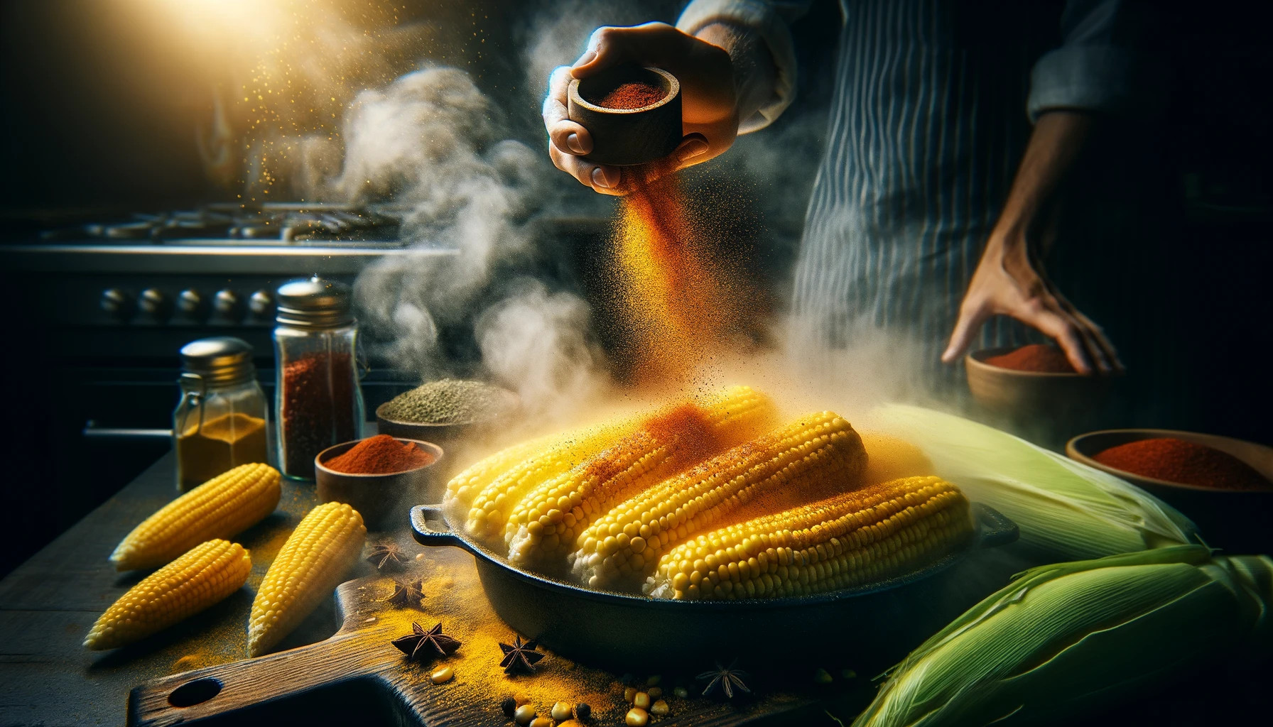 A dynamic, action shot of someone shaking spices over boiling corn on the cob.