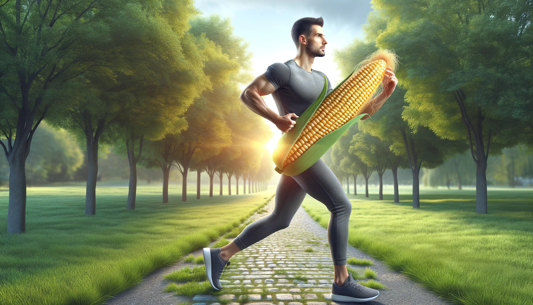 A realistic scene of someone jogging in a park, holding an ear of corn, integrating healthy eating with an active lifestyle.