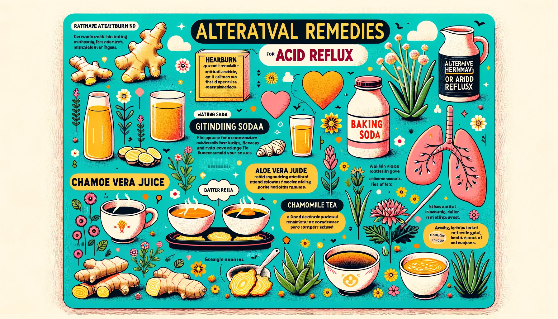 Alternative natural remedies for heartburn and acid reflux, including ginger, baking soda, aloe vera juice, and chamomile tea