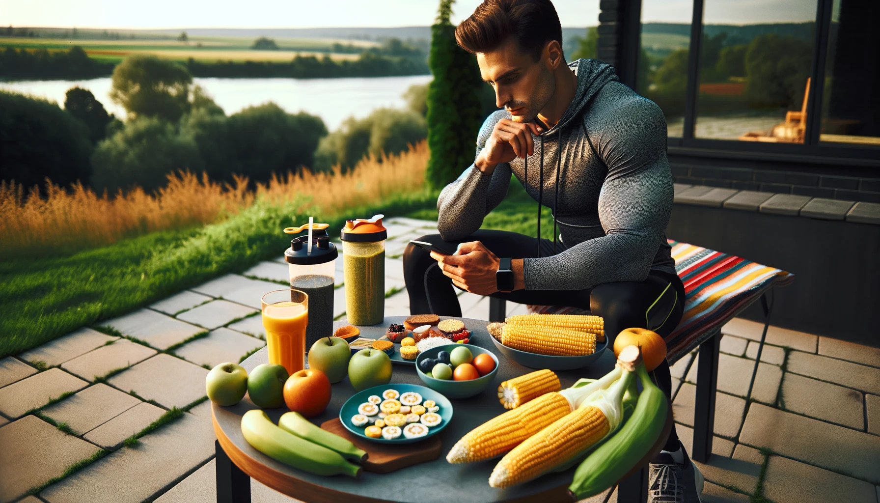 A person after a workout session, choosing corn as a healthy post-exercise meal in an outdoor setting.