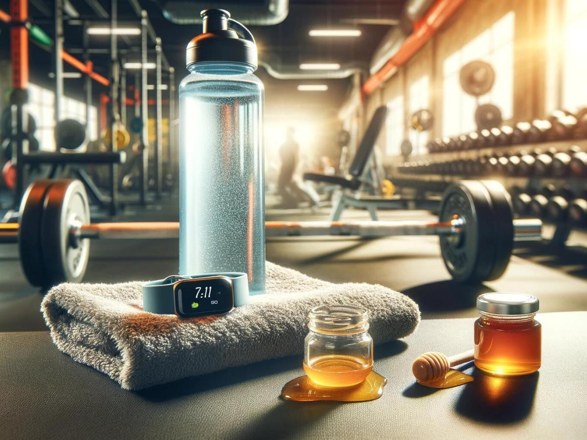 honey in gym, smart watch, water bottle