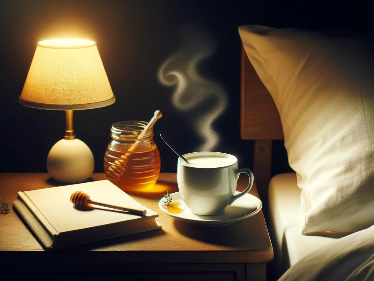 tea, honey on nightstand