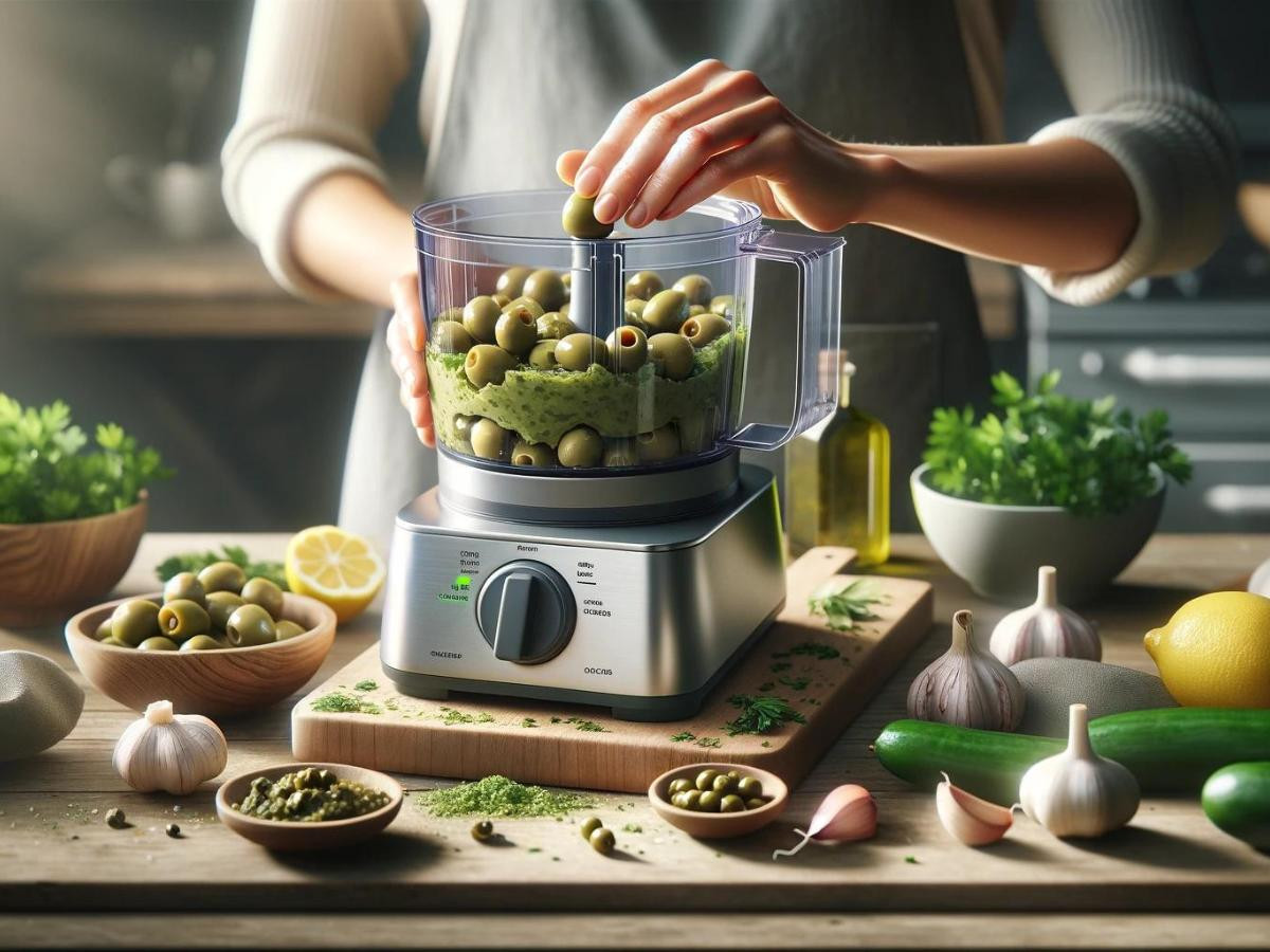 food processor, green olive tapenade