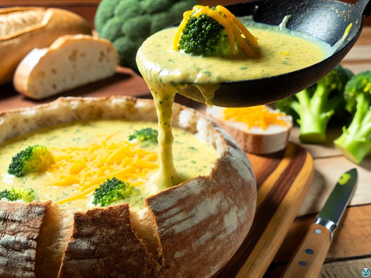 pouring soup into bread bowl