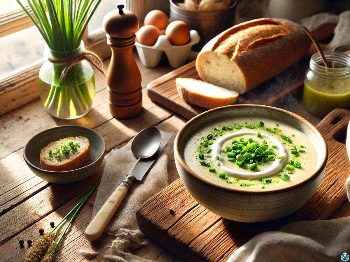 loaf of bread and a garnished bowl of potato leek soup