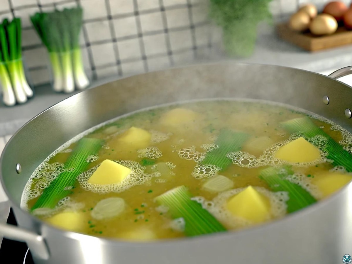 boiling pot of potato leek soup