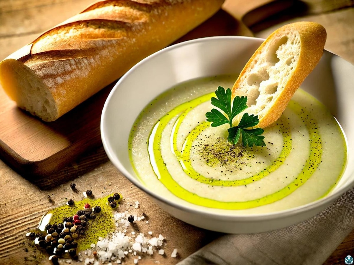 potato leek soup with bread on top