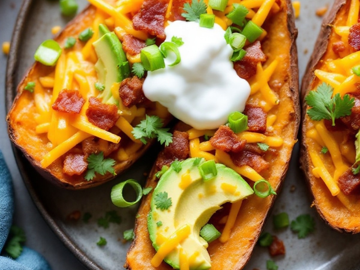 loaded sweet potato skins on a plate