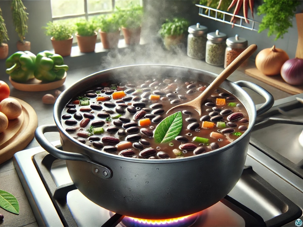 cooking a pot of black bean soup