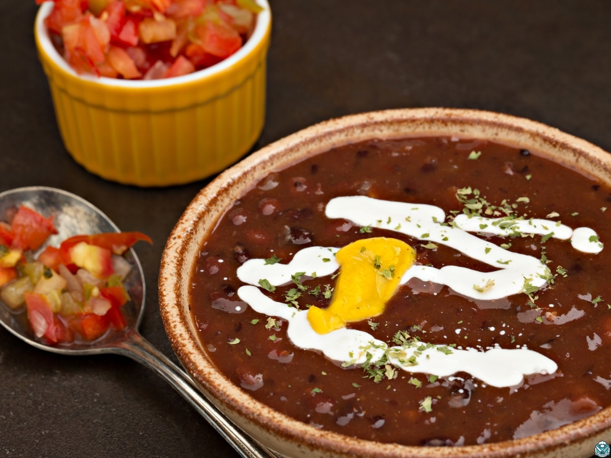 black bean soup with toppings