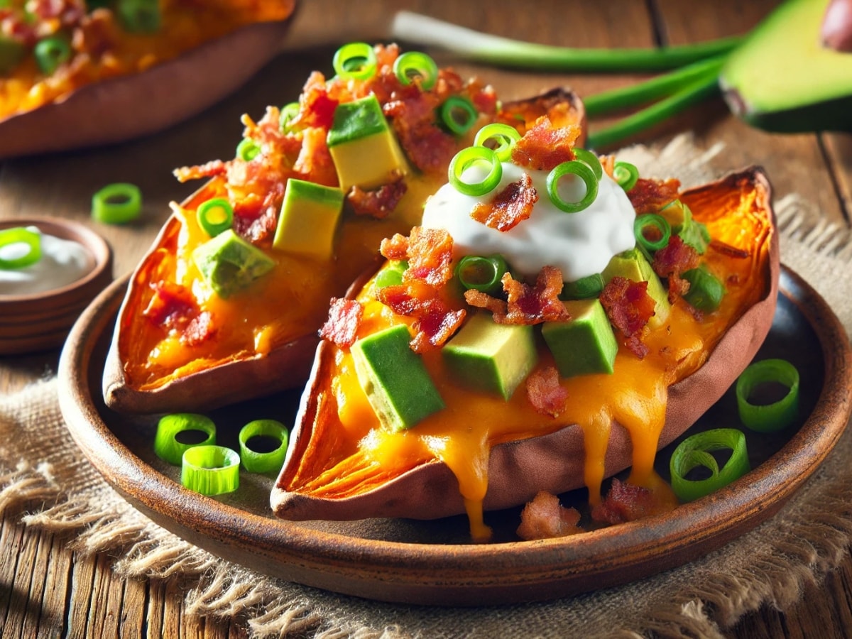 loaded sweet potato skins on display