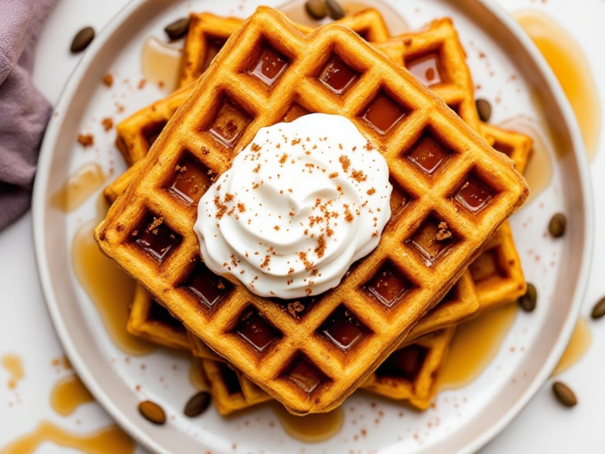 Pumpkin Waffles with Whipped Cream