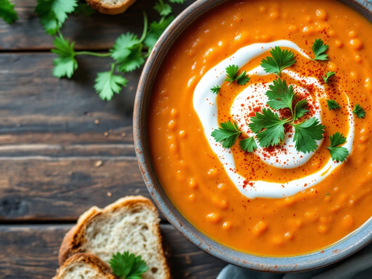 a delicious bowl of roasted carrot and red lentil soup