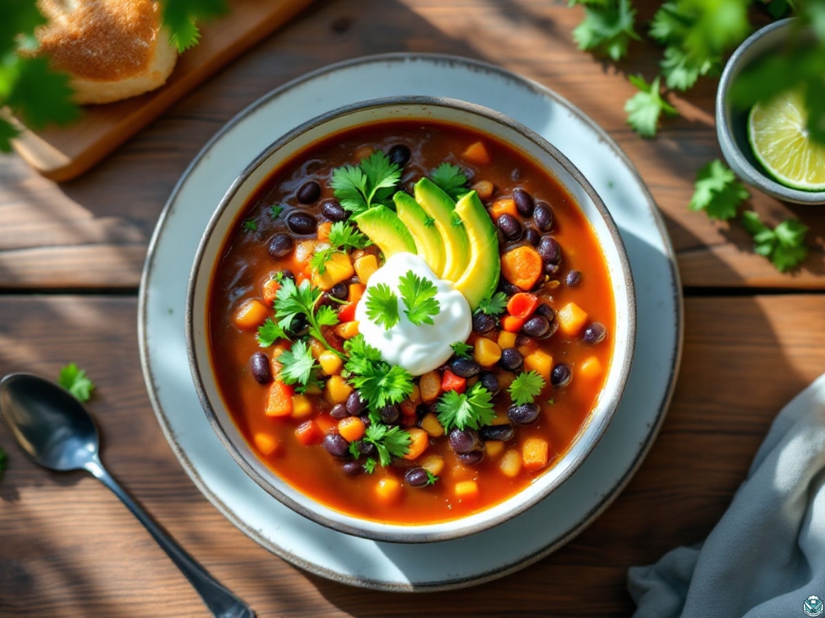 outside with a bowl of black bean soup