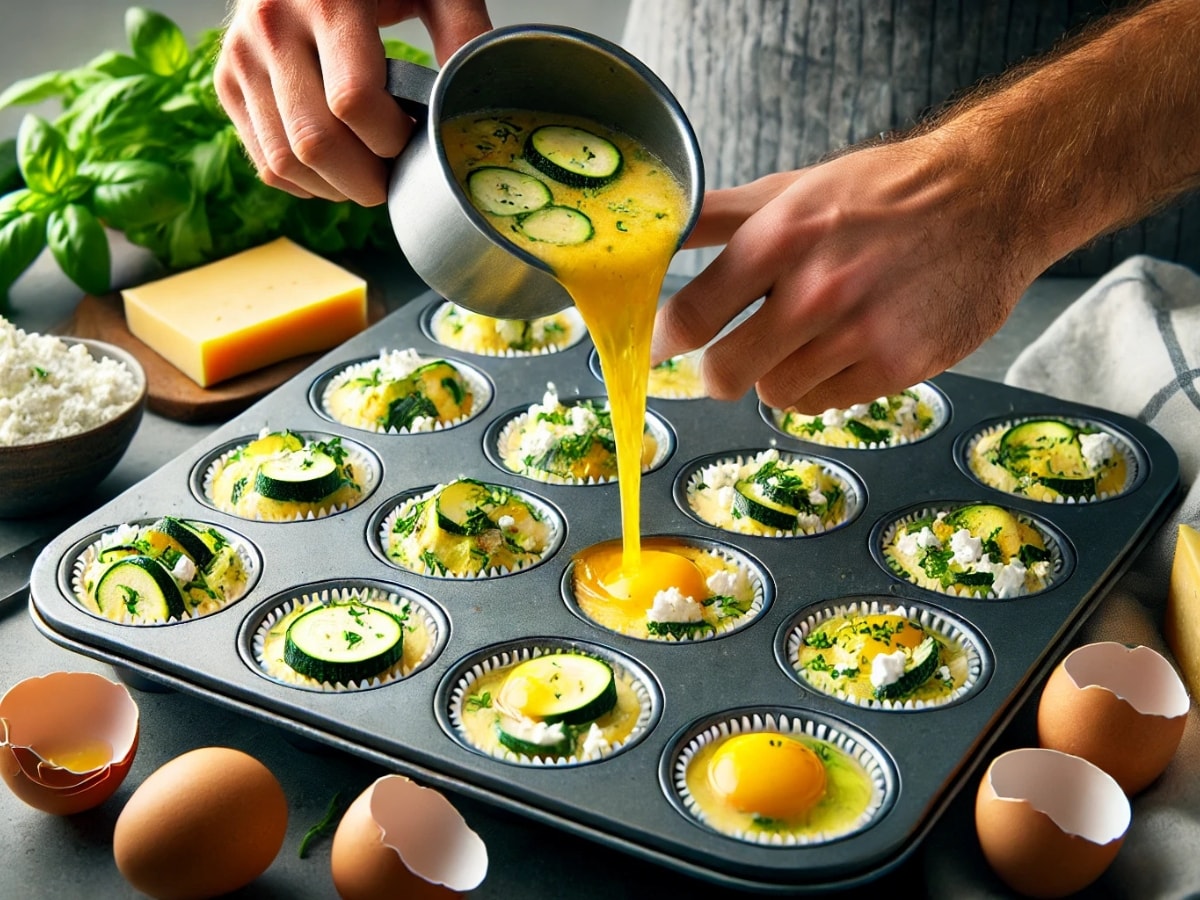 zucchini and feta frittatas being made