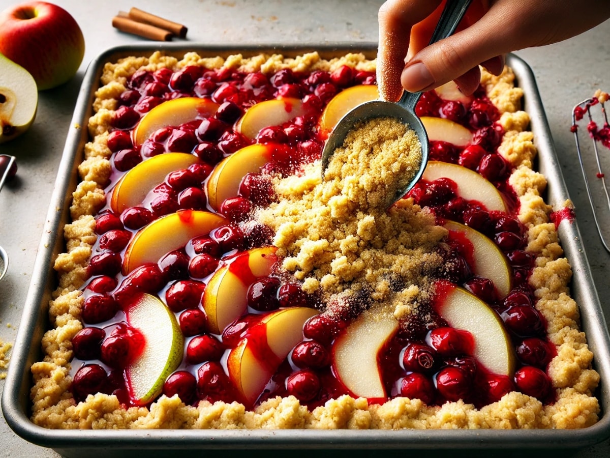 Ingredients for pear and cranberry crumble bars