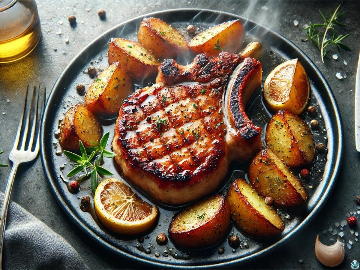 pork chops and potatoes on a plate