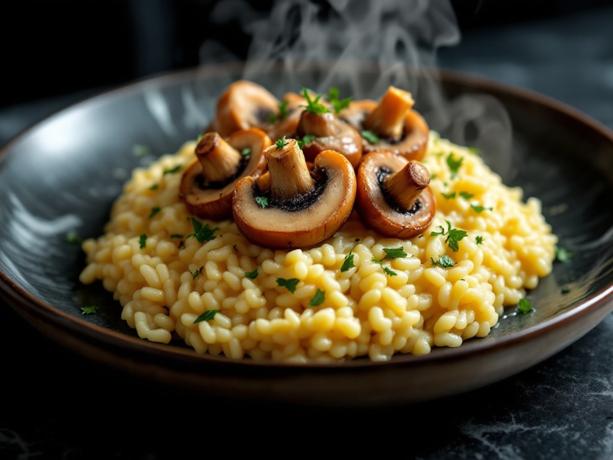 wild mushroom risotto in a bowl