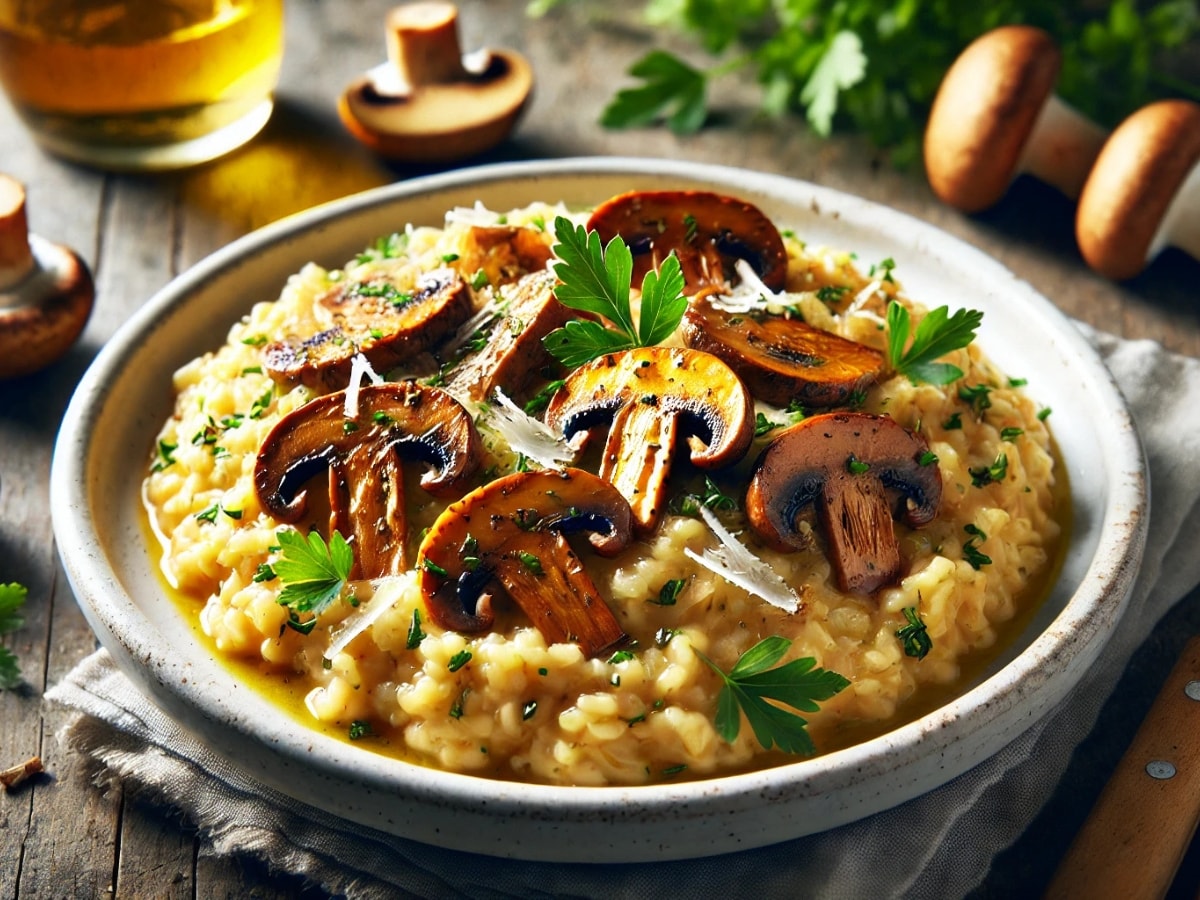 big bowl of wild mushroom risotto