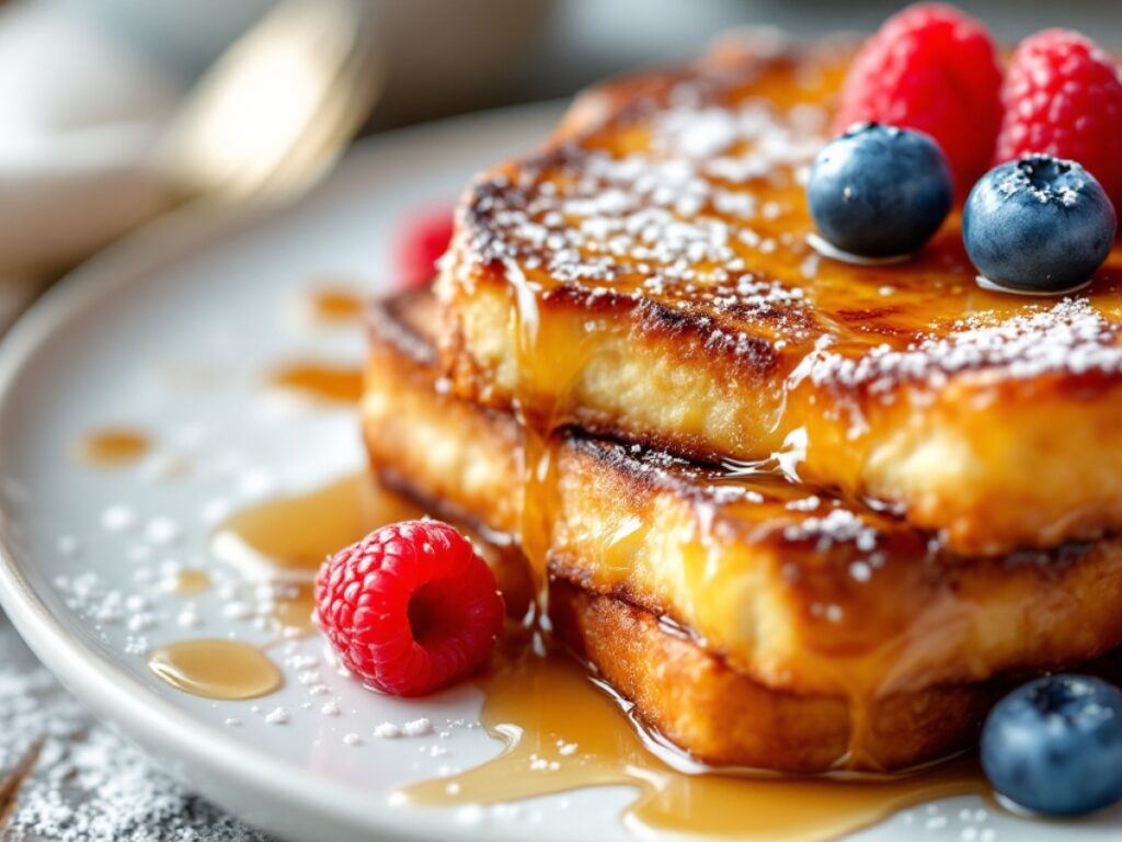 syrup and fruit covered Crème Brûlée French Toast